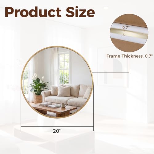 Image of Sweetcrispy 20 Inch Round Wall Mirror, Bathroom Mirrors for Over Sink, Matte Metal Framed Circle Vanity Mirror, Wall Decor for Bedroom, Entryway, Anti-Rust, Tempered Glass, Hanging or Leaning, Gold