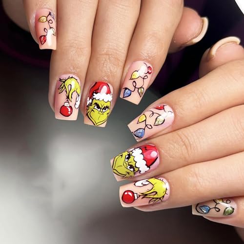 Christmas Press on Nails Medium Square Fake Nails - Cute Green Monster False Nails, Glossy Nude Acrylic Full Cover Tips for Winter Xmas - Stick on Nails Gift for Women and Girls (24Pcs)