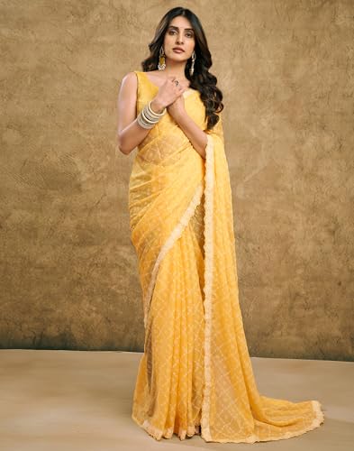 Image of SIRIL Women's Chiffon Bandhani Printed Saree With Unstitched Blouse Piece