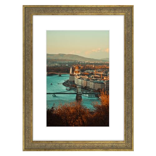 Image of Golden State Art, 12x16 Ornate Finish Photo Frame with White Mat for 8x12 Picture & Real Glass. Color: Distressed Gold
