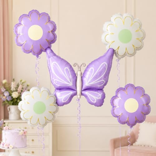 Image of Wanna Party Butterfly and Flower Foil Balloon Set of 5, Purple Butterfly Balloon with Colourful Daisy Flower Balloons for Birthday, Baby Shower, Garden Theme & Party Decoration
