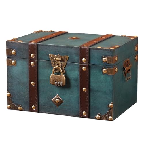 Vintage Wooden Treasure Chest Box with Lock Small Rectangle Antique Wood Jewelry Storage Boxes European Decorative Handmade Storage Box Case Organizer Trinket Keepsake for Home Bedroom Decor