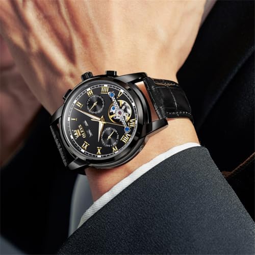Image of OLEVS Mechanical Dress Mens Watches Square Brown Leather Strap Moon Phase Skeleton Tourbillion Day Date Waterproof Luminous Men's Wrist Watches