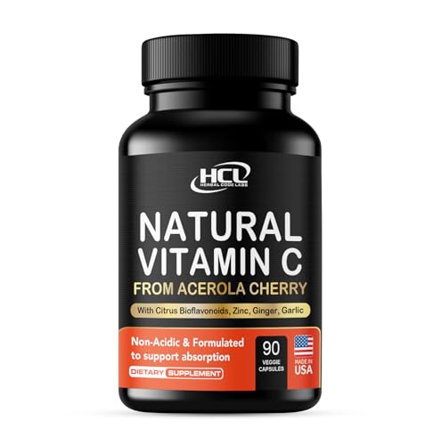 Natural Vitamin C from Organic Acerola Cherry - High Absorption - with Garlic Ginger & Citrus Bioflavonoids - Immune System & Collagen Booster - Anti Aging Skin Vitamins