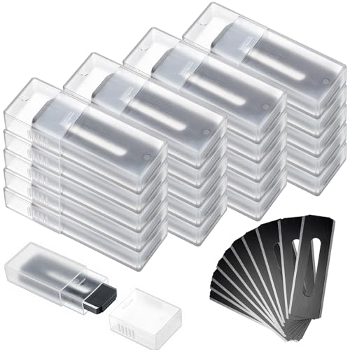 Hicarer 200 Pack Round End Carpet Blades Bulk 0.02 Thick Utility Knife Blades with Storage Box Double Edge Sk5 High Carbon Steel Razor Blade Replacement for Carpet Box Cutter Drywall Roofing(Black)
