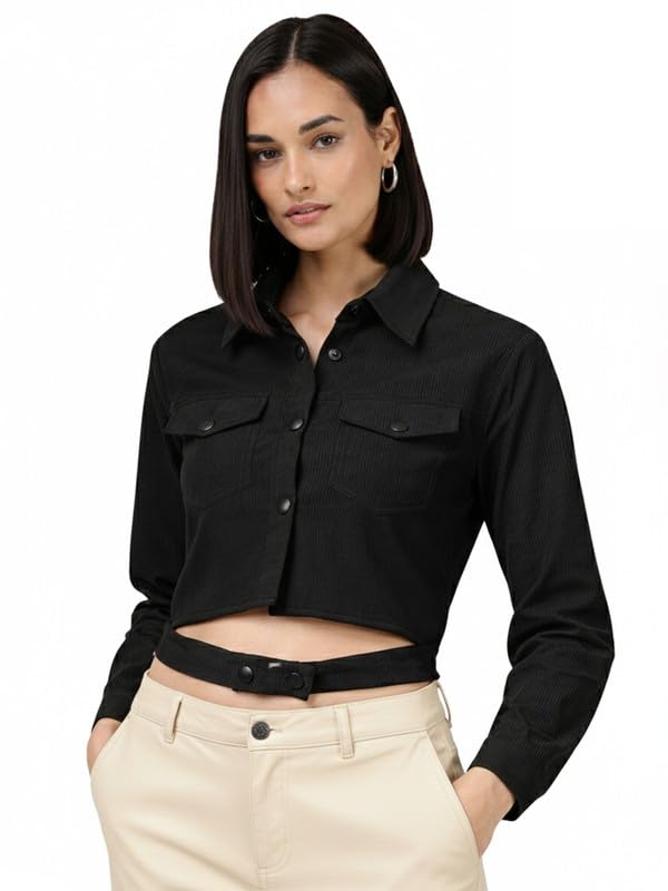 Image of CHKOKKO Solid Crop Jackets for Women stylish latest Long Sleeve Stylish Winter Shirt Jacket Casual Outerwear for Office