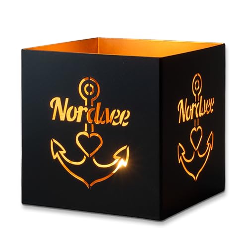 3forCologne Windlicht Nordsee | Windlicht aus Metall in schwarz | Kerzenständer für indoor und outdoor im industrial Design als Tischdeko oder Terassendeko | Für Teelichter und Stumpenkerzen.