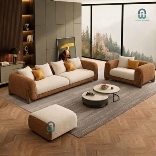 Image of Modern Sofa, Teddy Fabric, Chesterfield Style, Wooden Legs, for Living Room, Bedroom, Hallways (Brown-Off White, 3+1+Ottoman)
