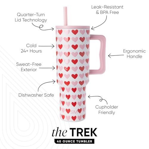 Image of Simple Modern Valentine's Day 40 oz Tumbler with Handle and Straw Lid | Gifts for Her | Insulated Reusable Stainless Steel Water Bottle Travel Mug Cupholder Use | Trek Collection | Hearts on White