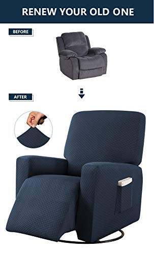 Linentopia Furniture Recliner Slip-Cover, 1-Pc Protector Cover For Chair Recliner, Solid Color, Form-Fit Stretch, Polyester Spandex Fabric, Diamond-Shape Nonslip, (Deziray, Reclnr, Dark Blue) #TOP1