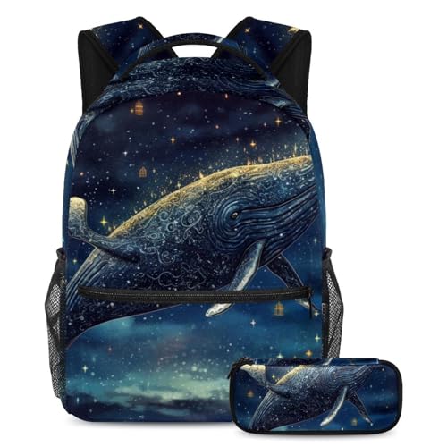 Sac à dos baleine bleue étoilée Voie lactée 2 pièces, grand format scolaire