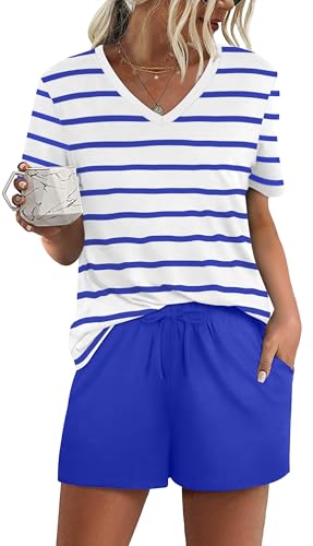 Image of RUBZOOF Women's Short Sleeve Pajama Sets with Pockets Casual V Neck 2 Piece Lounge Sets S-3XL