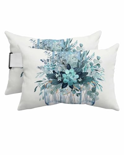 Anzona Pack of 4 Blue Botanical Lumbar Pillow Covers, Outdoor Waterproof Throw Pillow Covers Set, Eucalyptus Leaves Spring Summer Floral Decorative Cushion Case for Patio Beach, 11x16 Inch