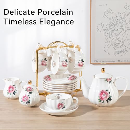 Porcelain Tea Sets British Royal Series, 8 OZ Cups & Saucer Service for 6, with Teapot Sugar Bowl Cream Pitcher Teaspoons and Tea Strainer, Suitable for High Tea, Wedding, Party