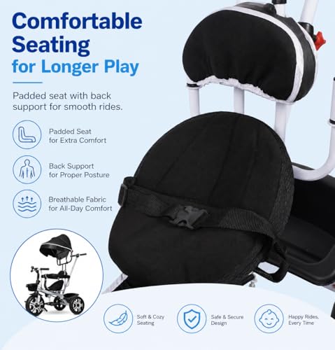 Image of MEA Kids Tricycle with Parent Push Handle for Toddlers|Baby Trike with Safety Guard Rail, Comfortable Cushioned Seat, Storage Basket & Footrest|Ride-On Cycle for Boys & Girls (Black) (Without Canopy)