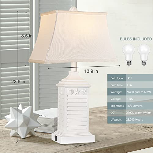 Hamucd Table Lamps for Living Room Set of 2, Coastal White Bedside Lamps for Bedroom with USB A+C Outlet Modern Resin 3-Color Temperature Nightstand Lamp for End Table (Bulbs Included) - Image 6