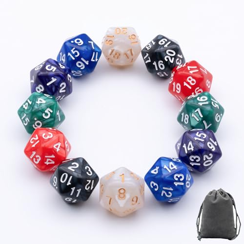 Tinzum 12 Pieces D20 Spindown Dice Set in 6 Colors, 20 Sided Pearl Mixed Color for MTG, D&D, Cards Gaming Accessories