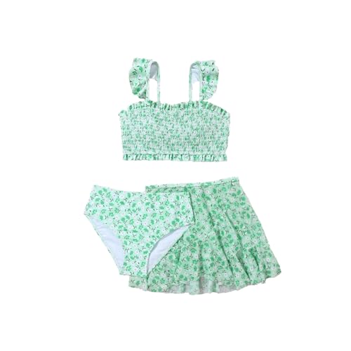 Girls Kids 3 Piece Swimsuit Floral Ruched Ruffle Bathing Suit Sets and Cover Up Skirt Swimwear for (Green, 11-12 Years)