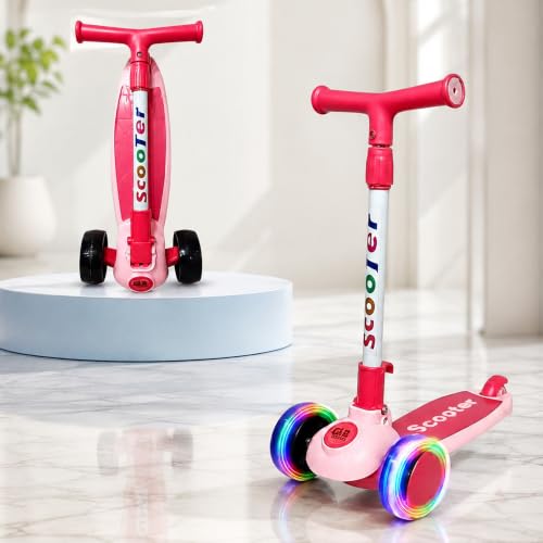 Image of NHR Foldable 3 Wheel Kick Scooter for Kids Up to 6 Years with Colorful LED Flashing Wheels, 4 Level Height Adjustable Handlebar, Tilt-to-Steer & Rear Press Brake Toy for Boys Girls (Pink)