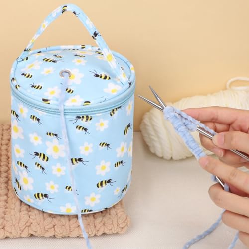 1 bolsa de crochê com estampa de abelha, bolsa portátil de armazenamento de fios, para projetos de crochê, pode armazenar bolas de fios.