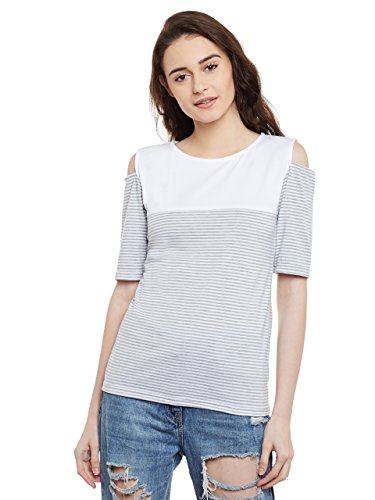 Image of Miss Chase Women's Navy Blue and White Round Neck Half Sleeves Striped Cold Shoulder Top