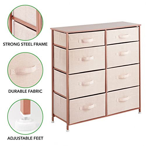 Mdesign 35.3" High Steel Frame/Wood Top Storage Dresser Furniture Unit, 8 Removable Slim Fabric Drawers - Tall Bureau Organizer For Bedroom, Living Room, Closet - Lido Collection, Light Pink/Rose Gold #TOP4