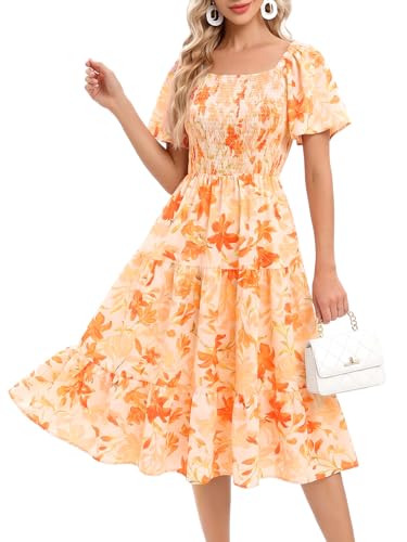 Image of Bbonlinedress Womens Casual Floral Summer Smocked Beach Party Boho Midi Square Neck Dress