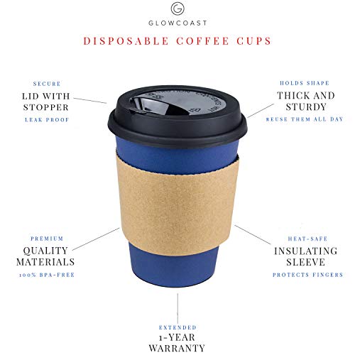 Glowcoast Disposable Coffee Cups With Lids - 12 oz To Go Coffee Cup (110 Pack). Large Travel Cups Hold Shape With Hot and Cold Drinks, No Leaks! Paper Cups with Insulated Sleeves Protect Fingers!