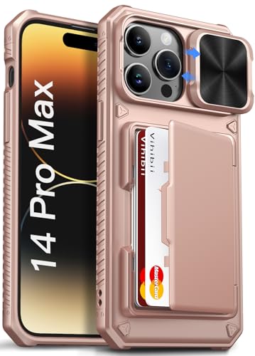 Image of Vihibii for iPhone 14 Pro Max Back Cover Wallet with Card Holder (4 Cards) [RFID Blocking] & Slide Camera Cover, Military Grade Drop Protection, Rugged Back & Silicone Edge Phone Case 6.7 inch, Rose Gold
