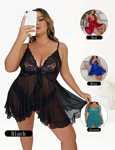Queenfox Plus Size Lingerie For Women Lace Babydoll Womens V Neck Sexy Plus Size Lingerie Set Sleepwear Black Xl #TOP5