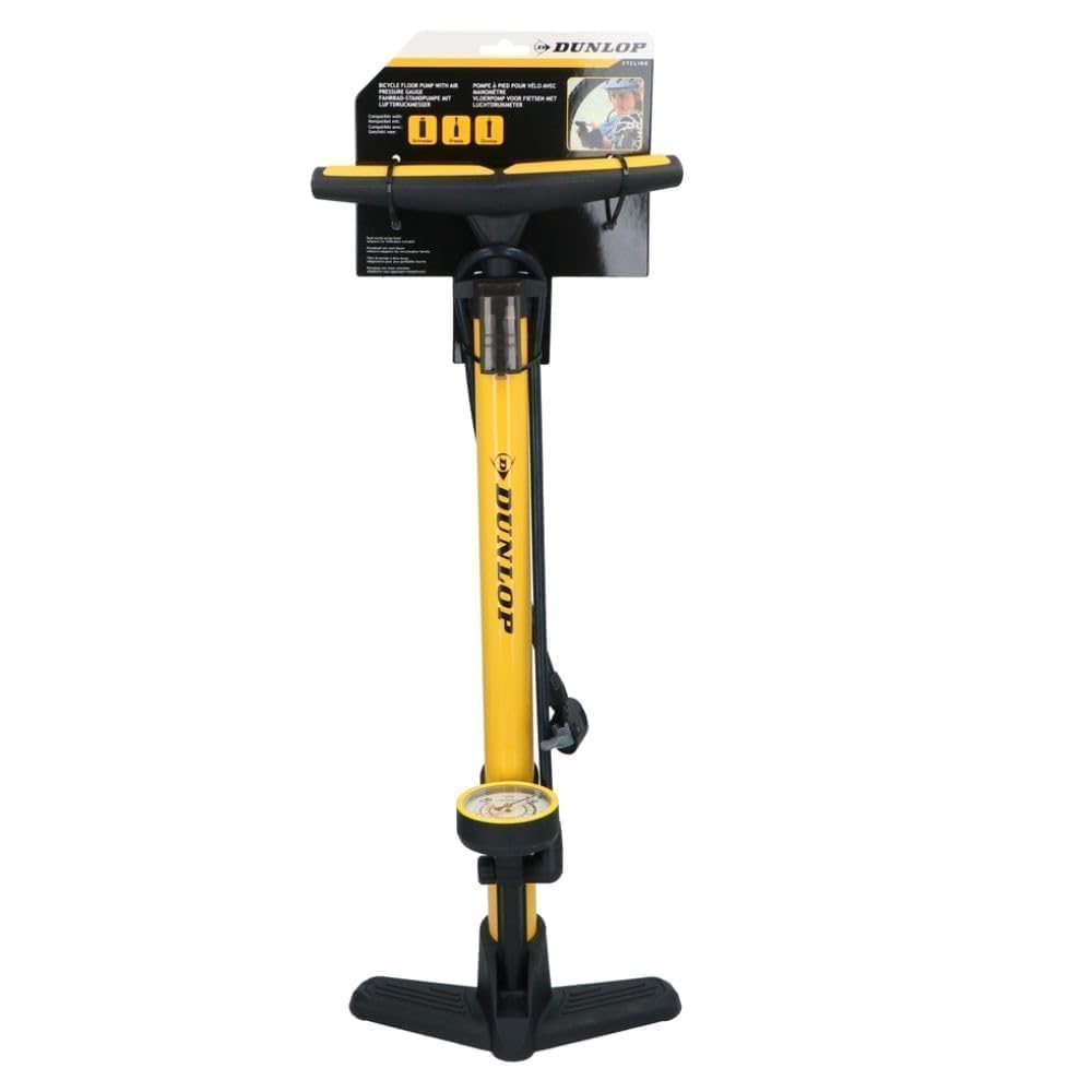 Dunlop Bike Pump with Pressure Gauge - Dunlop, Schrader, and Presta Valve Pump - Bicycle and Car Tyre Pump Incl. Adapters for Water Toys and Balls - Also for Scooter Tires