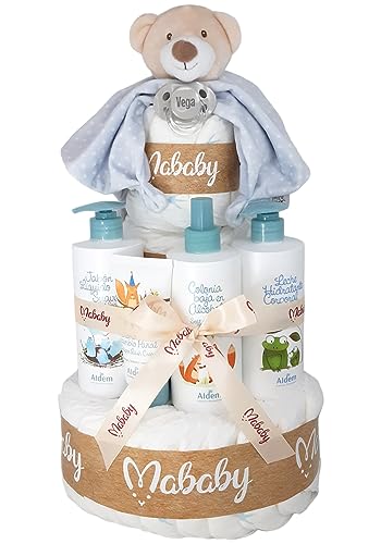 Mababyshop, Tarta Pañales Pingo Mi Chupete Personalizado, 42 Pañales talla 2, Cremas Para Bebe, Dou Dou Sonajero, Pastel de Pañales (Gris)
