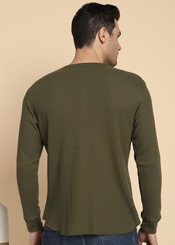 Image of Alan Jones Clothing Men's 100%Cotton Regular Fit Waffle Henley Neck Long Sleeve T-Shirt