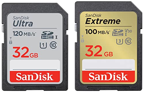 Image of SanDisk Extreme SD UHS I 32GB Card for 4K Video for DSLR and Mirrorless Cameras 100MB /s Read & 60MB /s Write & Ultra SDHC UHS-I Card 32GB 120MB /s R for DSLR Cameras, for Full HD Recording, 10Y Warranty