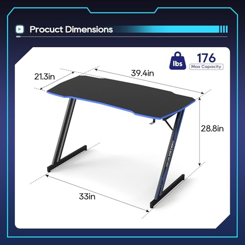 Image of BestOffice 39 inch Gaming Desk Computer Gaming Desk Z Shaped Gaming Workstation Ergonomic Gaming Table with Headphone Hook for Game Players,Black&Blue