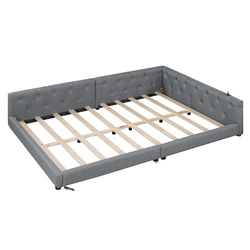 Gegtuon Schlafsofa Doppelbett Polsterbett 140x200 mit LED-Licht, USB-Bett Sofabett mit Kopfteil und Armlehnen, Tagesbett Jugendbett Bettgestell mit Lattenrost, ohne Matratze, Leinen, Grau
