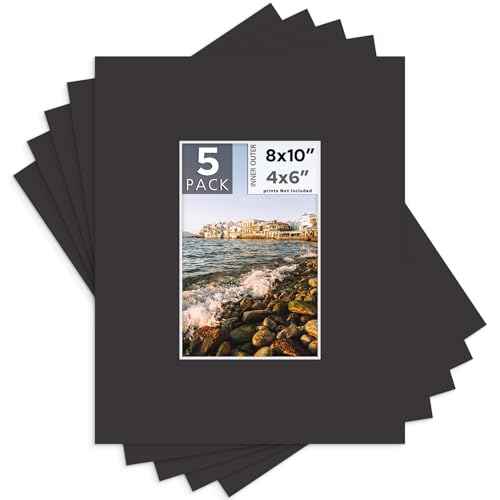 Mat Board Center, Pack of 5, 8x10 for 4x6 Black Photo Picture Mats - Acid Free, 4-ply Thickness, White Core - for Pictures, Photos, Framing