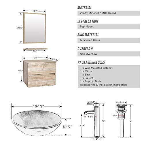 Eclife 24” Bathroom Vanity Sink Combo Wall Mounted Natural Cabinet Two Drawers Vanity Set Round Clear Tempered Glass Vessel Sink Top, W/Chrome Faucet, Pop Up Drain & Mirror (A16E02Ak) #TOP2
