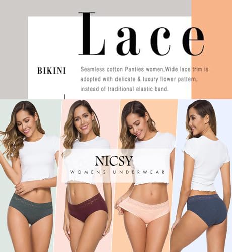 Image of NICSY Womens Underwear Cotton Bikini Panties Lace Soft Hipster Panty Ladies Stretch Full Girls Briefs (Multicolor)