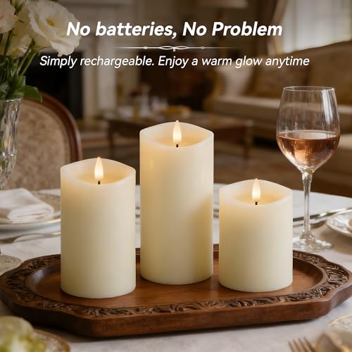 Image of Ivory Real Wax LED Rechargeable Flameless Battery-Operated Pillar Candles