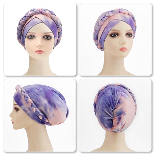 Image of DRESHOW Turban Pre-Tied Twisted Hat Thread African Head Wraps for Black Women Chemo Cancer Cap Braid Hair Cover