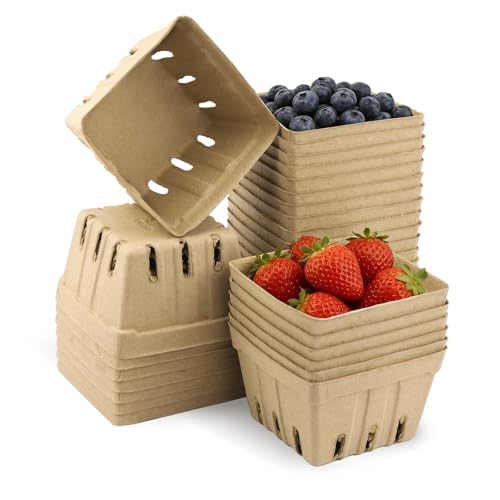 30 Pack Natural Pulp Fiber Berry Basket (4.3x4.3x2.75 Inch) Natural Pulp Produce Baskets & Berry Containers Vented Strawberry Baskets for Farmers Market Decor Grocery Store and Kitchen Display