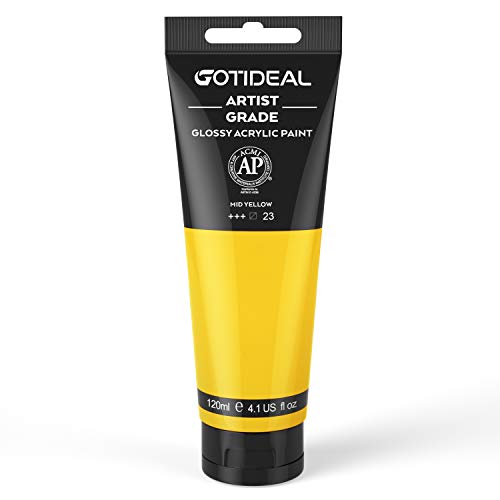 GOTIDEAL Acrylic Paint Mid Yellow Tubes(120ml 4.1 oz) Non Toxic Non Fading Rich Pigments for Painters Adults & Kids Ideal for Canvas Wood Clay Fabric Ceramic Craft Supplies (Mid Yellow)