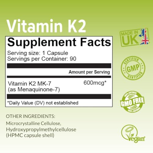 nutrizing k2 vitamin supplement mk-7 - high strength 600mcg - supports bone amp arterial health - 90 vegan capsules - vitamin k2 for men amp women - 3 month supply