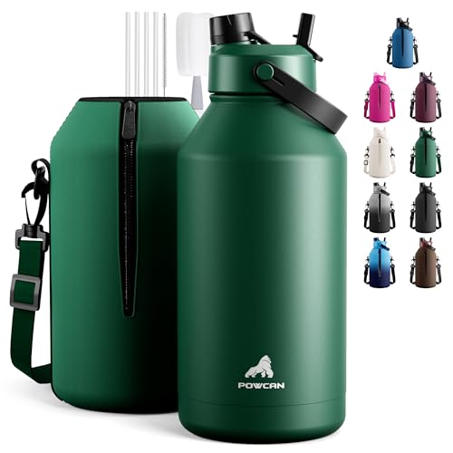 Image of POWCAN 64 oz Insulated Water Bottle with Carrier Bag, 2-in-1 Straw & Spout Lid, Leakproof, Keep Cold 48H, BPA-Free, Stainless Steel Water Bottle with handle for Workout, Trip and Fitness (Forest)