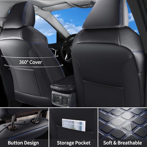 Image of Huidasource Car Seat Covers Fit for Toyota RAV4 Full Set, Leather Seat Protector Fit for 2019-2024 Toyota Rav4 XLE LE XLE Premium Limited(Not for Hybrid /Adventure /TRD Off-Road /Prime, Black&Blue)