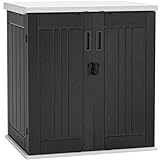 YITAHOME Outdoor Storage Cabinet with 2 Shelves, Waterproof Resin Horizontal Tool Shed, Lockable 15 cu. ft. Storage Shed for Patio, Garden, Yard, Dark Gray