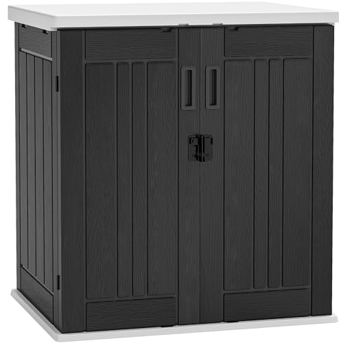 YITAHOME Outdoor Storage Cabinet with 2 Shelves, Waterproof Resin Horizontal Tool Shed, Lockable 15 cu. ft. Storage Shed for Patio, Garden, Yard, Dark Gray