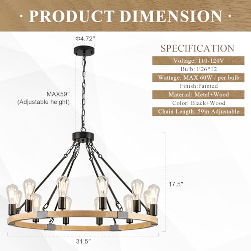 Image of Natural Wooden Wagon Wheel Chandelier 12-Light 31.5 inch Light Fixture