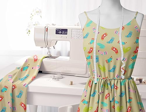 Image of Soimoi Beige Polyester Crepe Fabric Socks & Gloves Folk Art Print Fabric by the Meter 42 Inch Wide